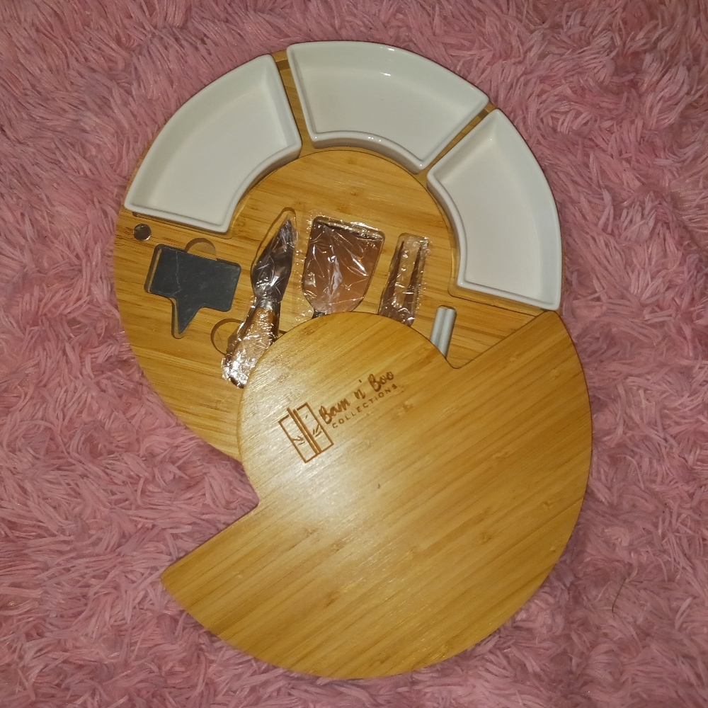Cheese Board by BamNBoo 13” Round Gift Set w/Slate Tray 3 Knives 3 Ceramic Bowls